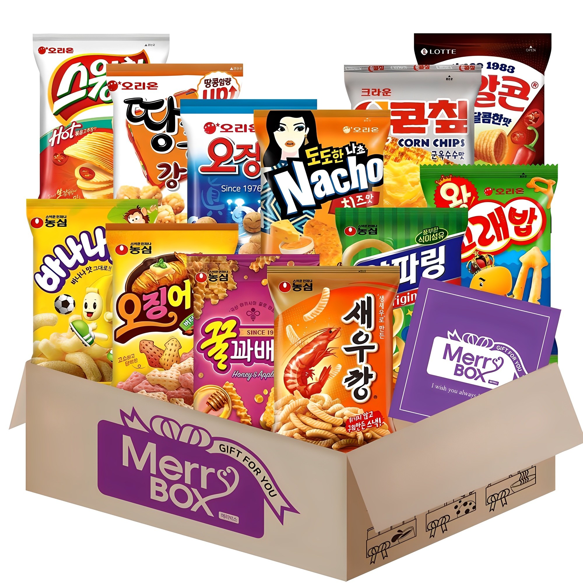 스낵세트 12종세트 7호(새우깡+꿀꽈배기+오징어집+바나나킥+양파링+꼬북칩+스윙칩+땅콩강정+오징어땅콩+나쵸오리지날+콘칩+꼬깔콘매콤달콤)+메세지카드, 1박스 21,900원