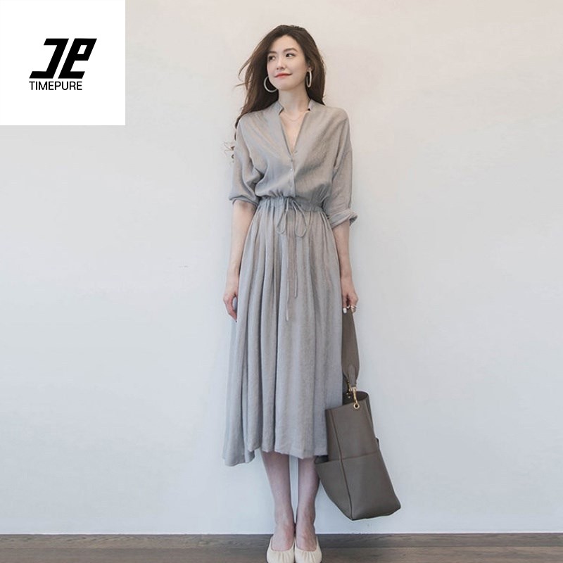 봄 가을 모던 원피스 여 고급 허리 조임 루즈핏 날씬해 보이는 기질 린넨 스커트 개량 일상복 나들이룩 긴발 원피스, 현재가 24,800원