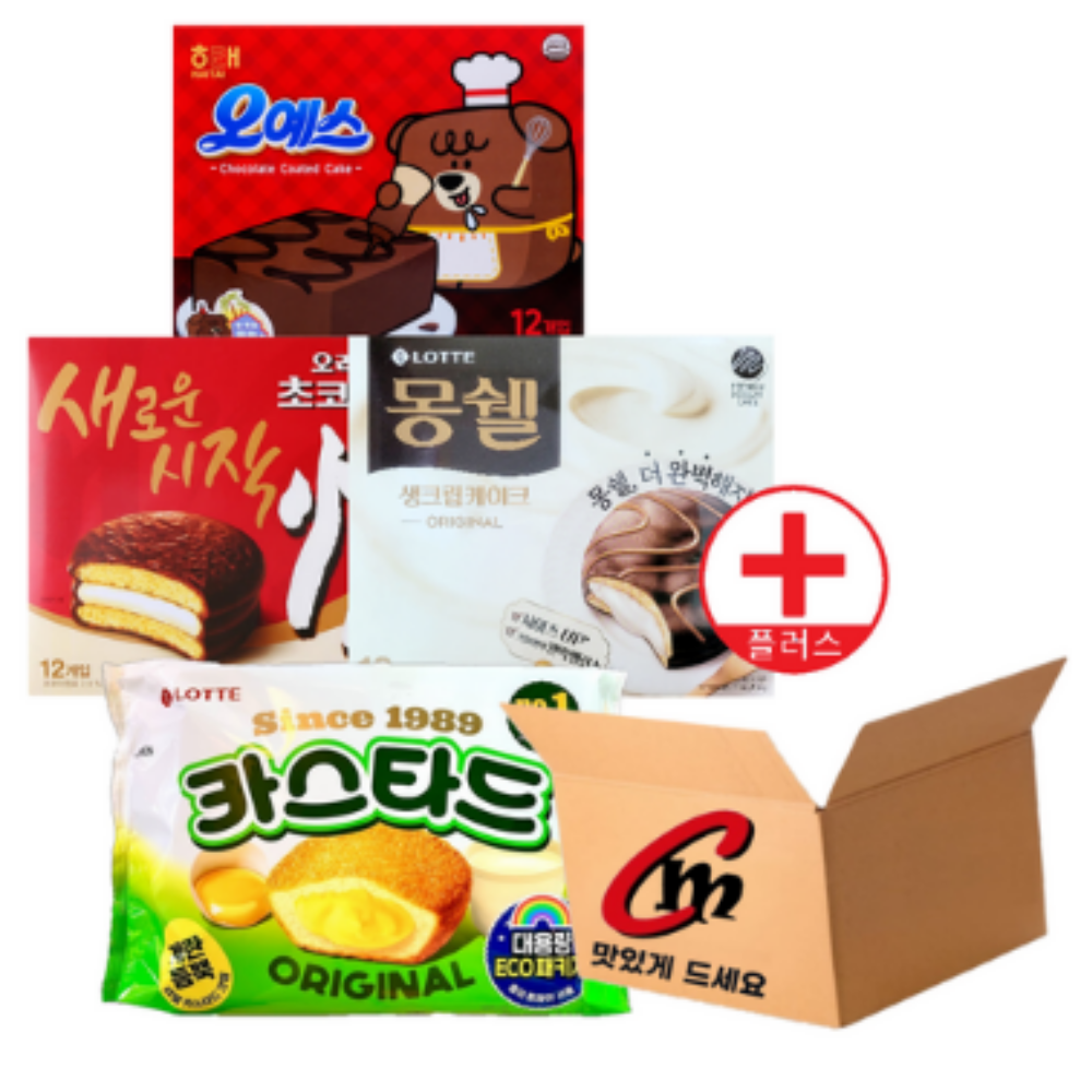 cm몰 전용 박스 + 파이모음 (오리온초코파이468g 1개+오예스360g 1개+롯데카스타드230g 1개+몽쉘통통크림408g 1개) 22,990원