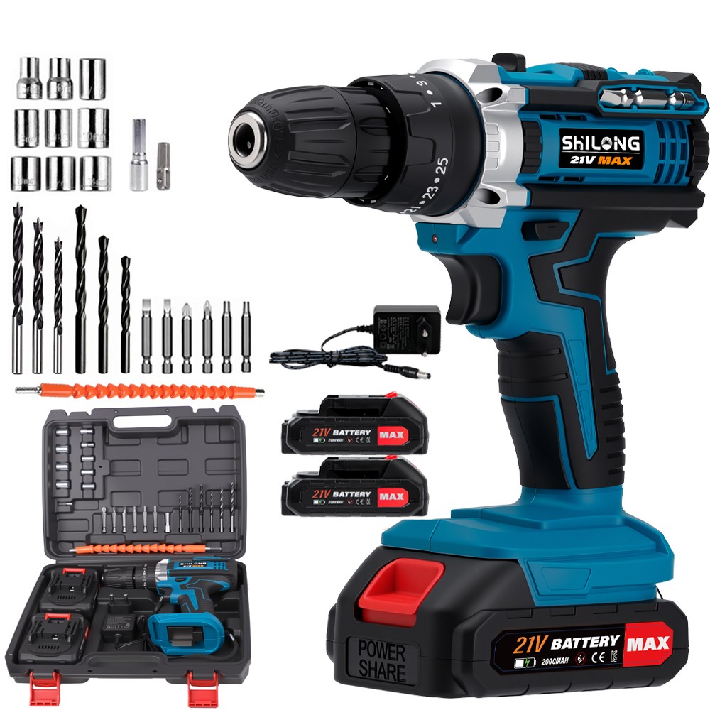 SHILONG 21V 가정용 다용도 전동드릴 35N 빅토크해머드릴무선 가정용전동드라이버 임팩트드릴 해머전동드릴 배터리 2개 2000mah세트 풀세트 파란색 49,880원