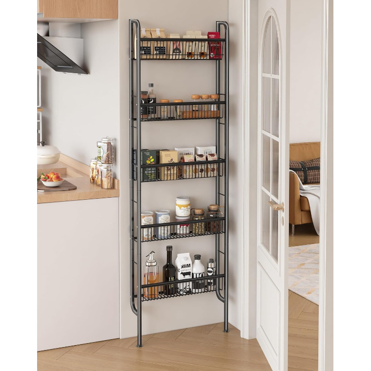 SAIVEINA 홈 수납정리 다용도 틈새 슬림 산반 욕실 화장실 문뒤에 고정 가능한 5단 선반 가방 CD 간식 정리용 프리미엄 와이어 스탠드, 블랙 30,700원