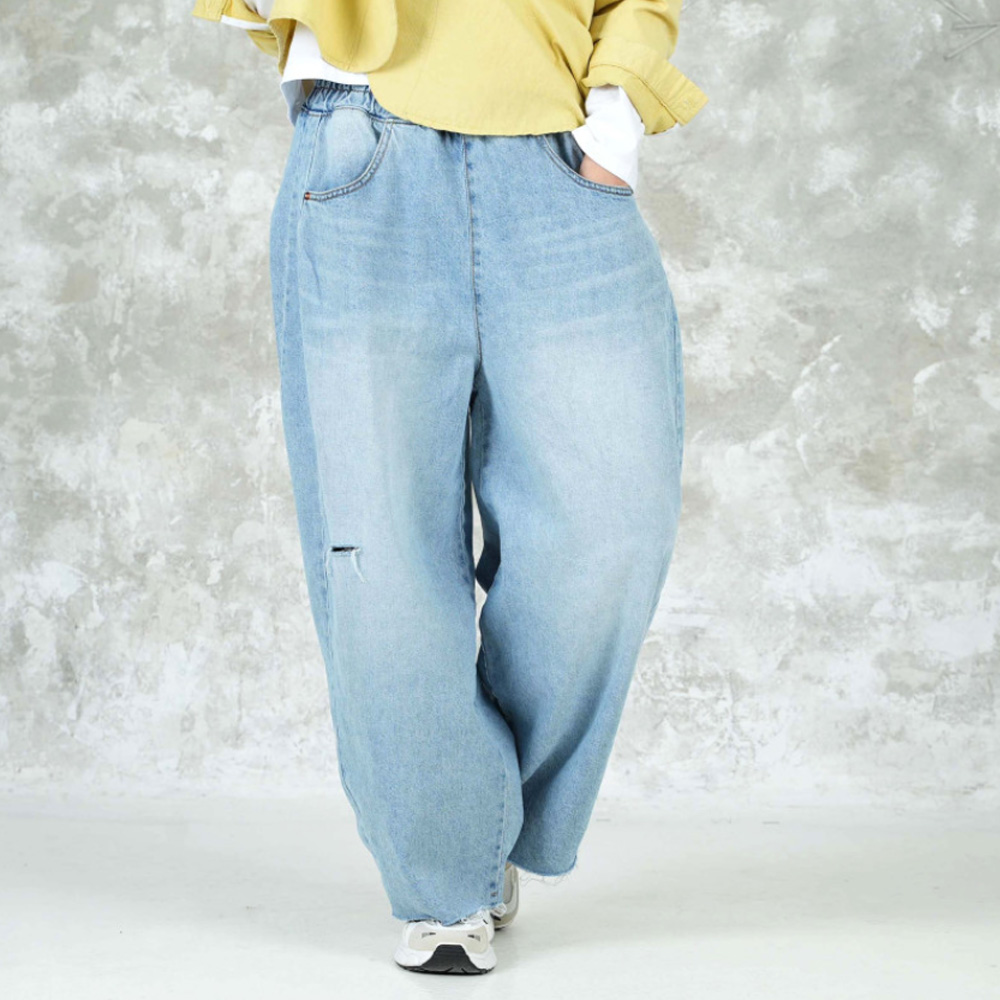 벅시루 노바디진 연청 워싱 옆절개 데미지 여성 봄가을 밴딩 통 와이드 청바지 327 59,600원