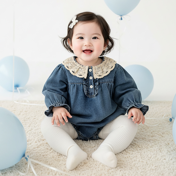몽실이 레이스카라 빈티지 데님 롬퍼 유아 아동 여아용 봄 가을 바디슈트 외출복 33,900원
