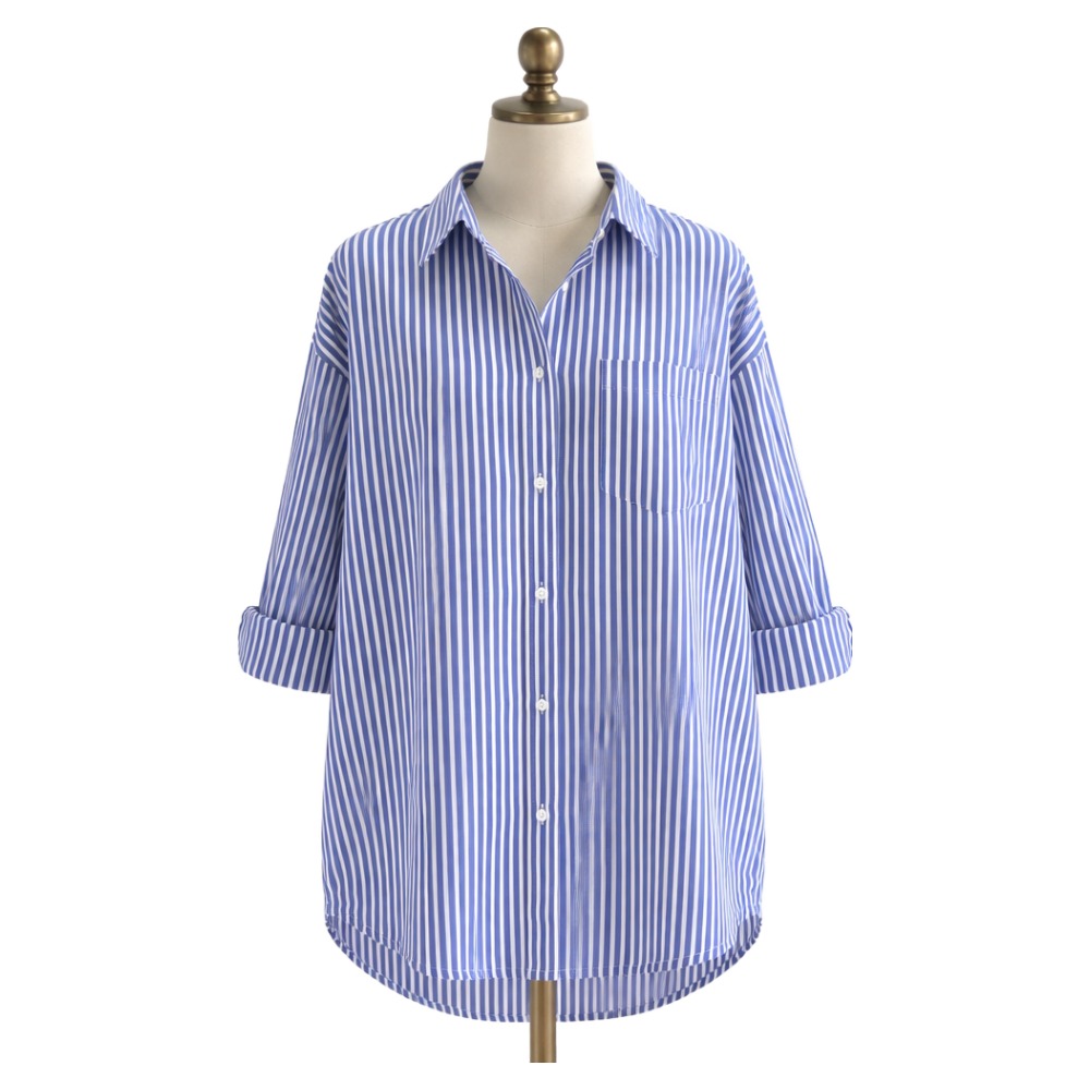 여성용_봄 가을 오버핏_세로_스트라이프_긴팔 셔츠_루즈핏_롱_남방 13,600원