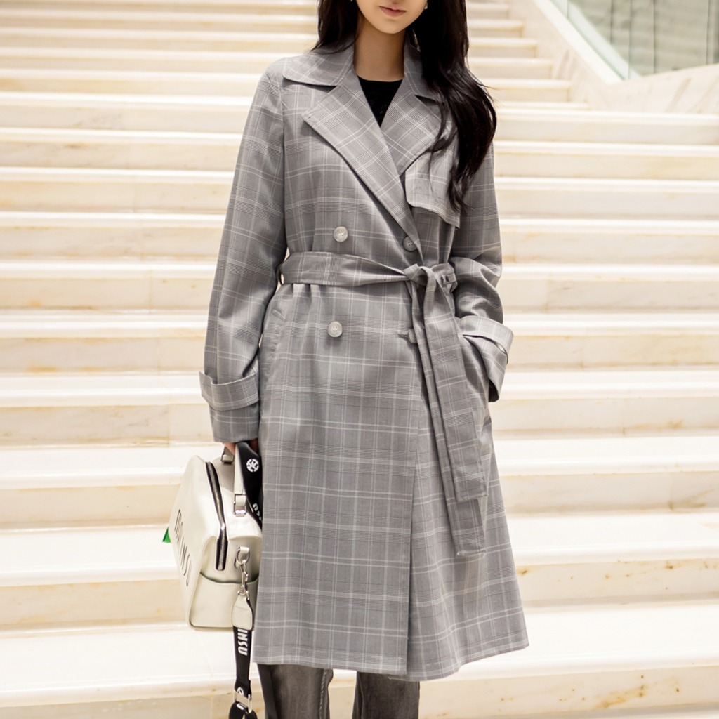 연그레이 체크 트렌치코트 더블버튼 스퀘어카라 정사이즈 S·M·L 클래식 데일리 68,000원