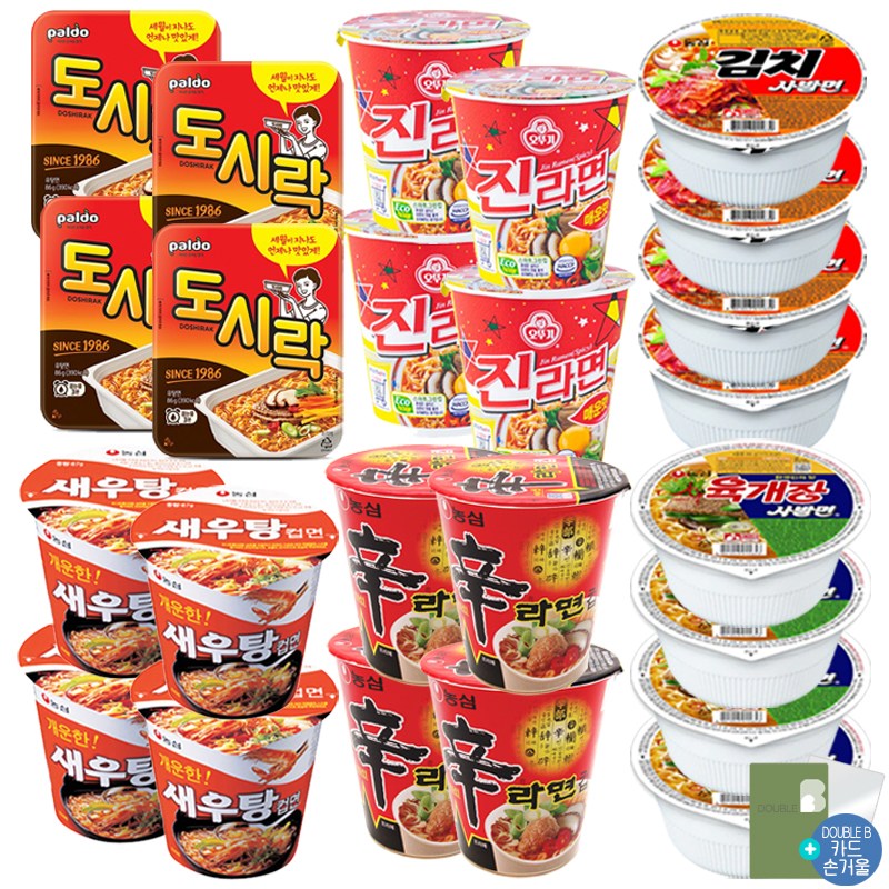 더블비 농심 오뚜기 팔도 컵라면 6종 총 24개 (육사발 4개 + 김치사발 4개 + 신라면 4개 + 새우탕 4개 + 진라면 매운 4개 + 도시락 4개)+더블비카드거울 108,000원