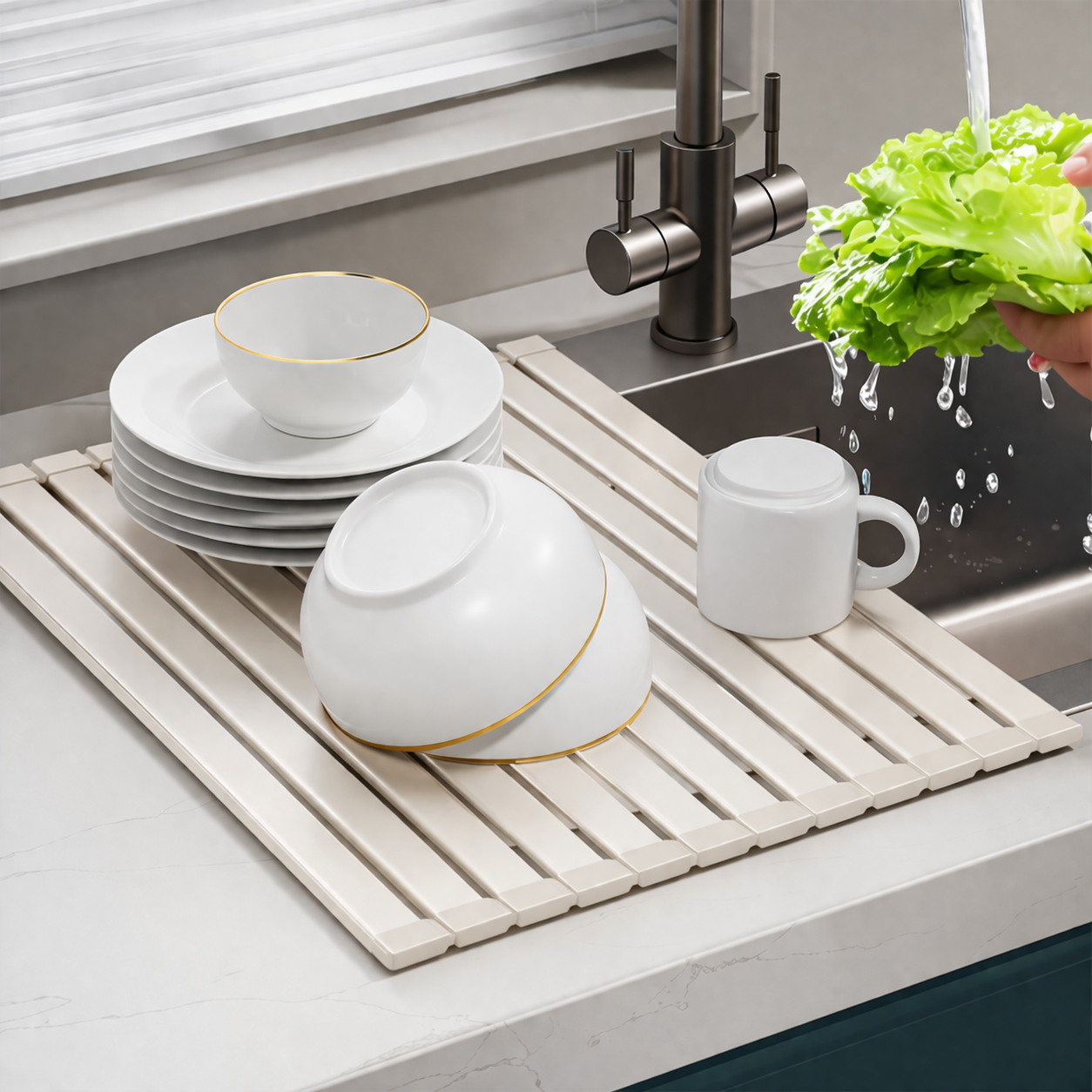 Owete 항공 알루미늄소재 와이드 대형 주방 싱크대 롤매트 식기건조대 싱크롤 건조매트, 1개, 크림+화이트 24,500원