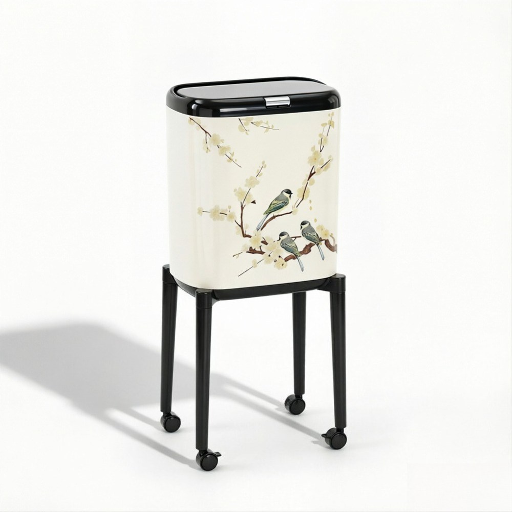고각 쓰레기통,중고풍 복고 높은 다리 쓰레기통,가정용 주방 고발 이동식 쓰레기통,대용량 허리 굽히지 않아도 되는,하얀 꽃새 디자인, 하얀색 49,000원