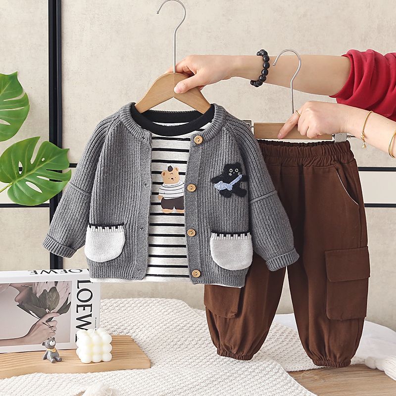 키즈송이 2026년 남아 상하복 3종 세트 니트 긴팔 봄 가을 어린이 상하복 3종 세트복 곰돌이 줄무늬 아동복 최신 특가 39,800원