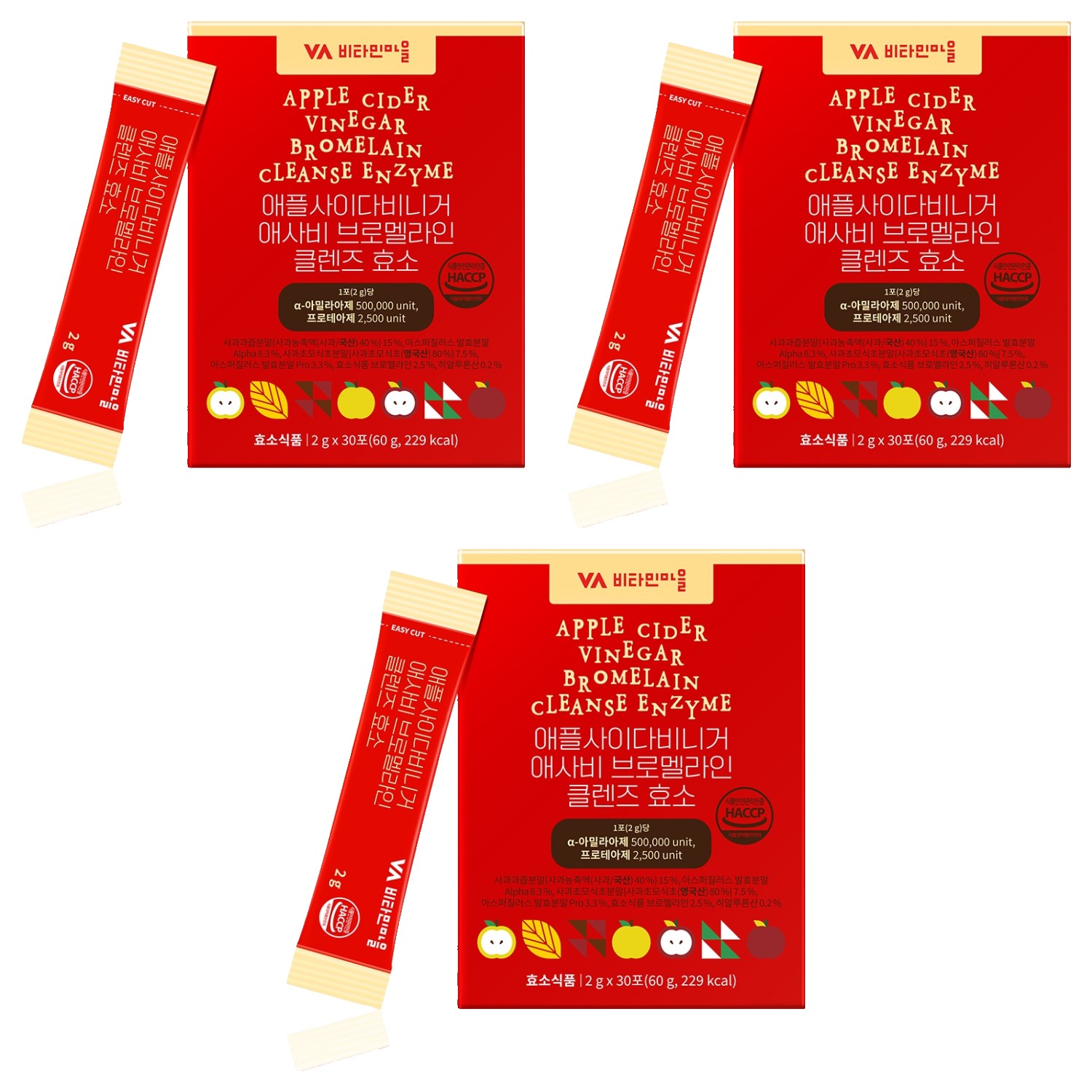 비타민마을 애플사이다비니거 애사비 브로멜라인 클렌즈 효소 30p, 60g, 3개 32,900원