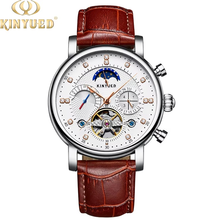 [CLOEVER] 키뉴에드 KINYUED 프리미엄 남성 패션 비즈니스 시계 소가죽 스트랩 방수 뚜르비옹 문페이즈 캘린더 기계식 오토메틱 셀프와인딩 남성시계 128,800원