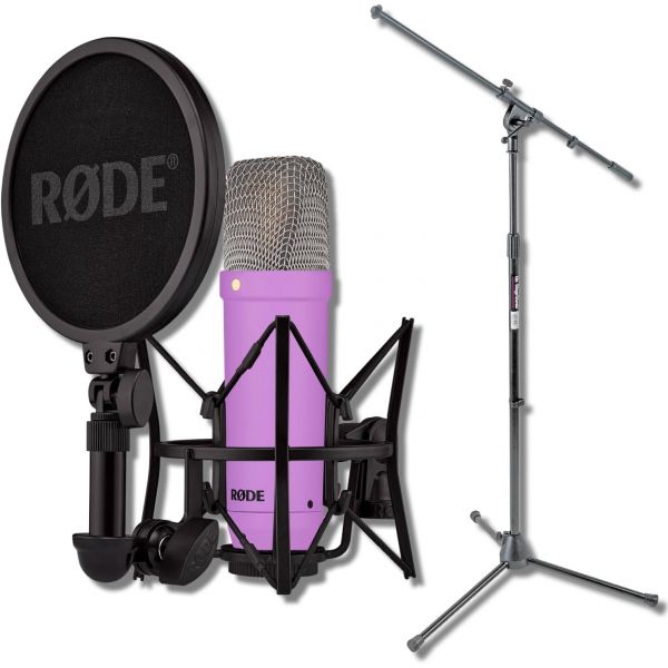 로드 NT1 시그니처 시리즈 SM6 쇼크마운트 삼각대 베이스 마이크 스탠드 및 팝 필터가 장착된 흰색 콘덴서 382,000원