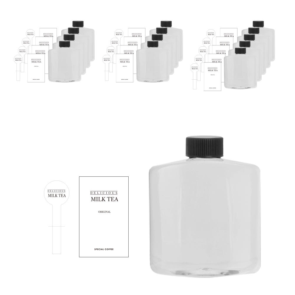 와이드 납작 페트 용기 250ml + 검정캡 + 영문 밀크티 스티커 S 세트 14,600원