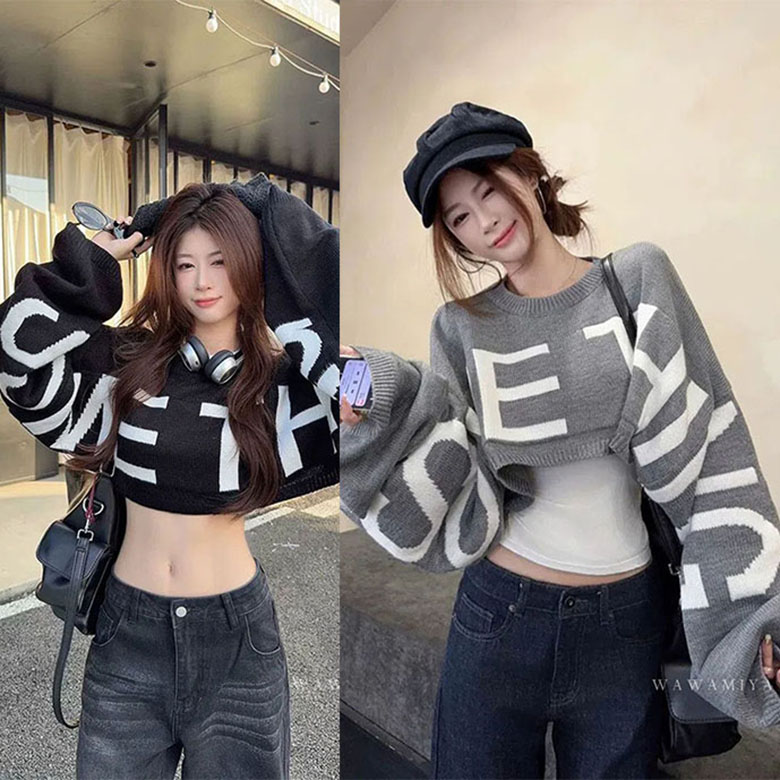 오버 소매 레터링 니트 가을 겨울 오버핏 슬림핏 블라우스 상의 여성 기팔 니트티 크롭니트 숏티 레이어드핏  WAWAMIYA 24,800원