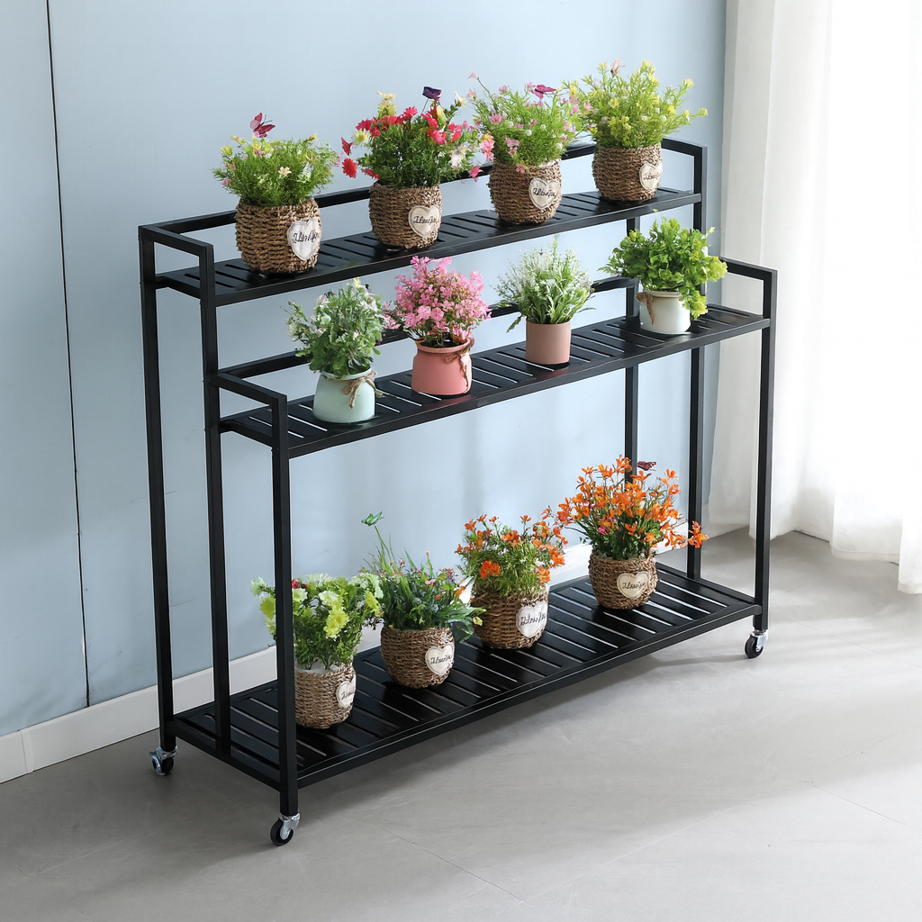 DP동봉국제무역 모던 인테리어 입체형 이동식 탄소강 화분 정리 선반, 3단, 블랙 80cm 56,900원