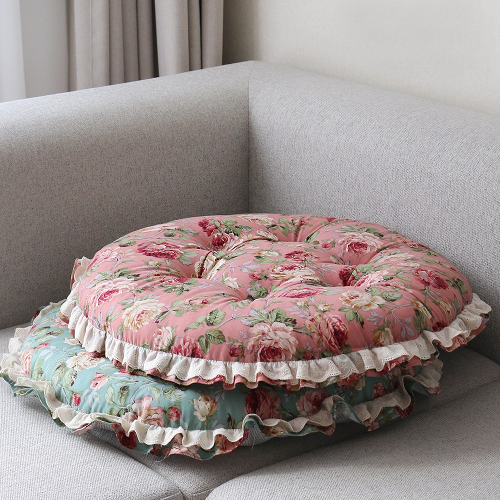 [데코벨] 순면 플라워 이중 레이스 원형 방석 M/L (의자방석/강아지방석) 31,800원