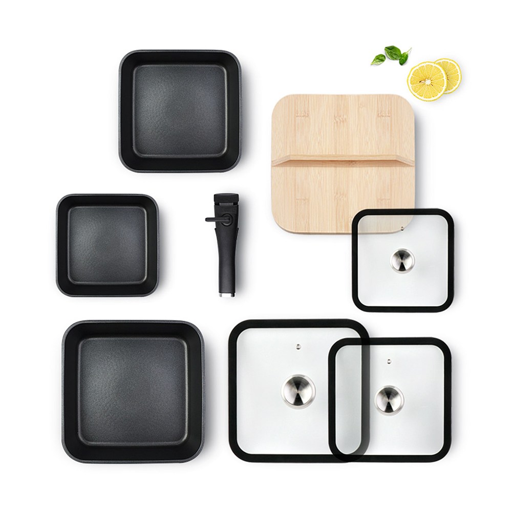 [국산] 에브리 스퀘어 탈착식 멀티핸들 인덕션 겸용 냄비 8종 세트, 멀티핸들 + 대나무뚜껑 + 냄비 3종 (뚜껑포함) 130,000원