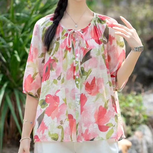 7부 셔링 블라우스 라운드 루즈핏 셔츠 빅사이즈 여성 미시 시원한 면마 상의 27,900원