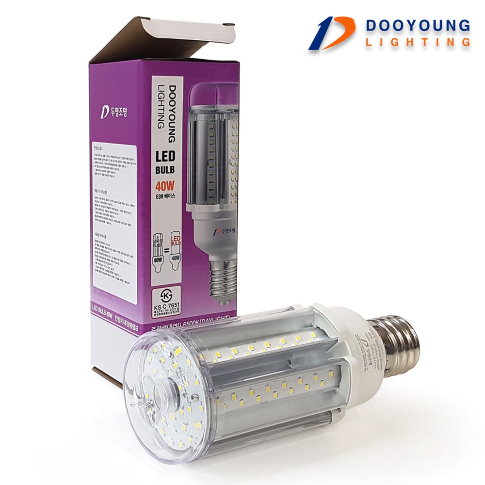 두영조명 LED 콘벌브 보안등 40W 투명 주광색(6500K) E39 에너지소비효율1등급, 주광색, 1개 15,010원