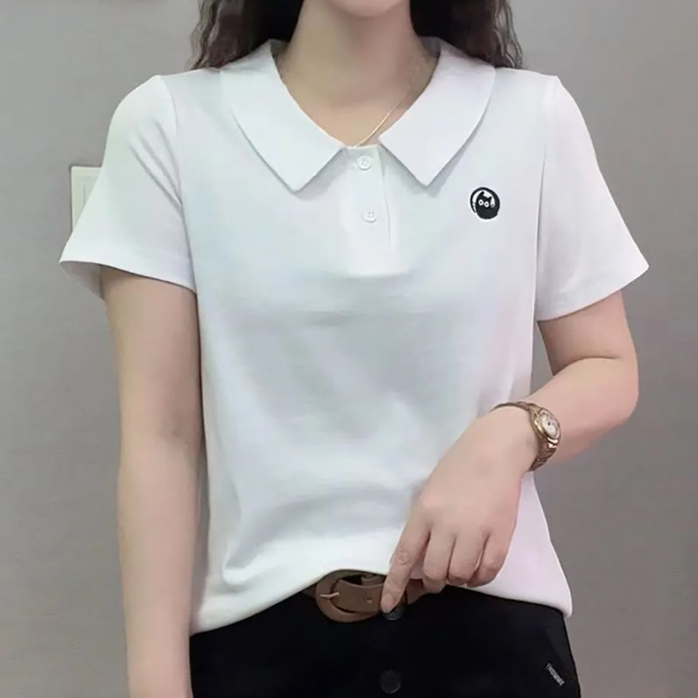 ROYALBELLE 여성 반팔 데일리 카라넥 티셔츠 캐주얼 프린트 버튼 디자인 베이직 티셔츠 F0041116 13,910원