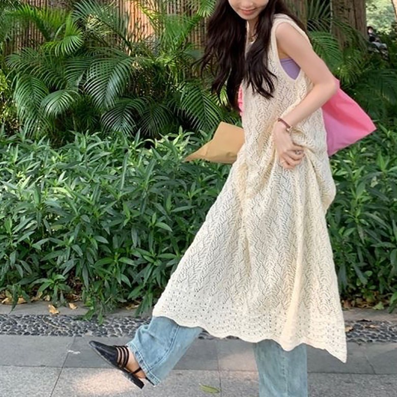 POMTOR 여성 레이어드 원피스 롱 뷔스티에 펀칭 레이스 니트 원피스 24,600원