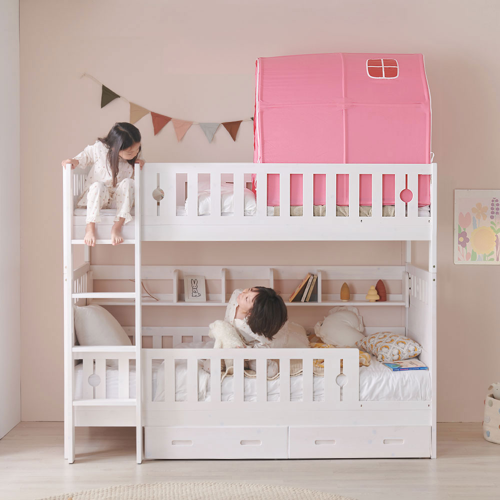 상일리베가구 샐리 원목 이층침대 책장+서랍+텐트세트 본넬매트 909,000원