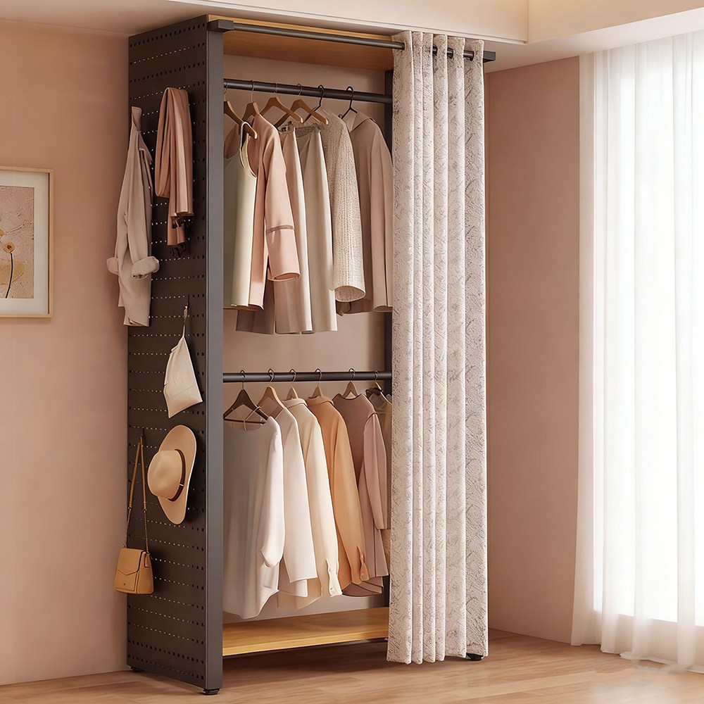 드레스룸 시스템 철제 행거 튼튼한 스탠드 행거 오픈형 조립식 원룸옷장, 검정색(C)전면 커튼+한쪽 타공판 209,000원