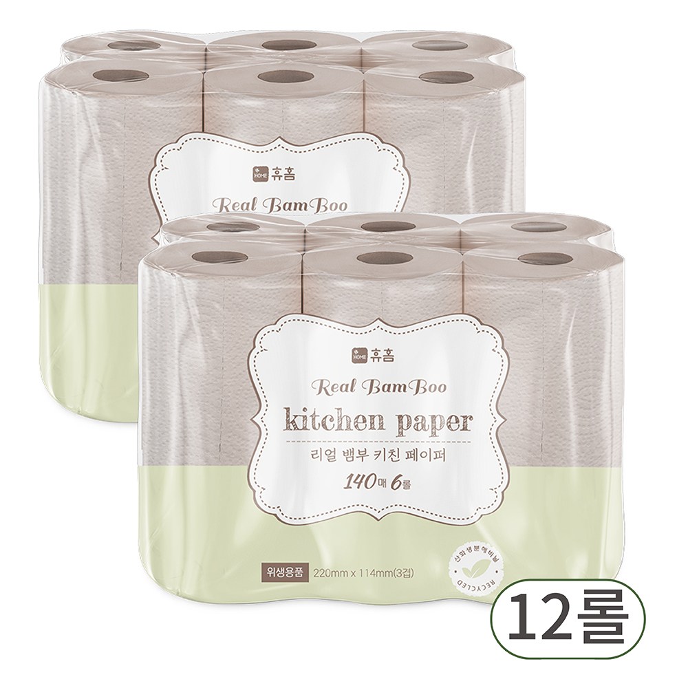 휴홈 무표백 3겹 대나무 키친타올 롤형 140매, 140매, 12개 18,900원