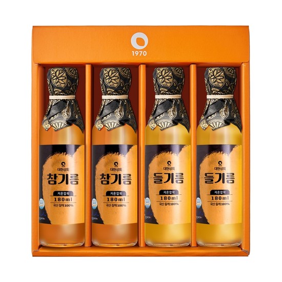 50년전통 대현상회 저온압착 국산 참기름 들기름 180ml 4병 선물세트 (선물케이스포장) 89,900원