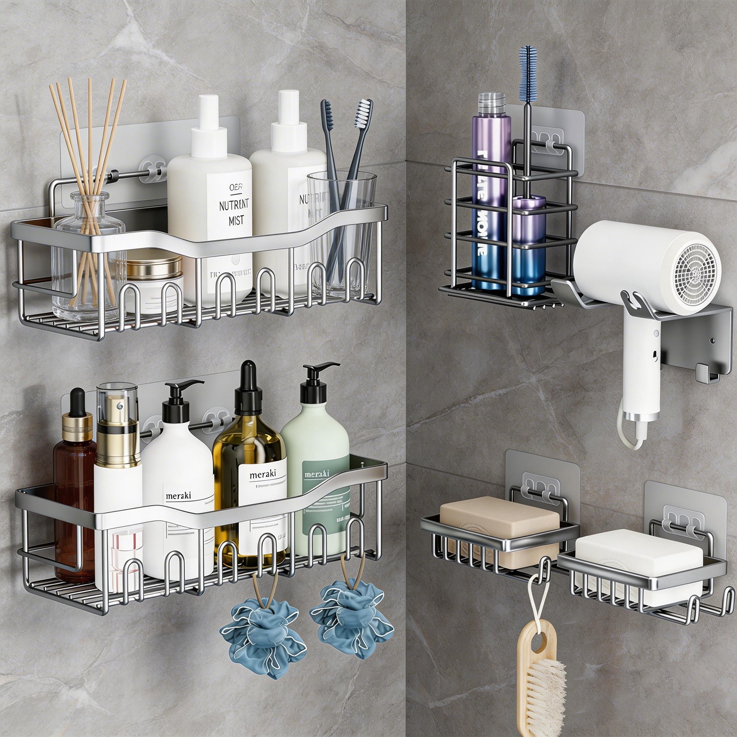 욕실선반 무타공 욕실 수납 세트 스테인리스 거치대 드라이기 비누거치대 칫솔바구니 6 종, 1세트, 은색 38,900원