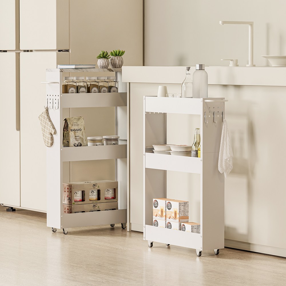 홈비 13cm 틈새 모던 철제 튼튼한 이동식선반 트롤리, 화이트, 3단 59,900원