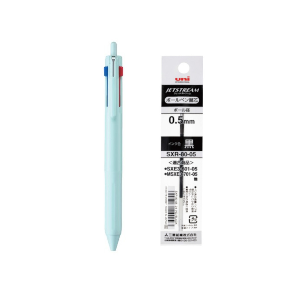 유니 유성펜 제트스트림3색 노크식 SXE3-507-05 0.5mm 아이스블루(1개)+유성리필심 SXR-80-5 0.5mm/블랙(1개), 2개 14,000원