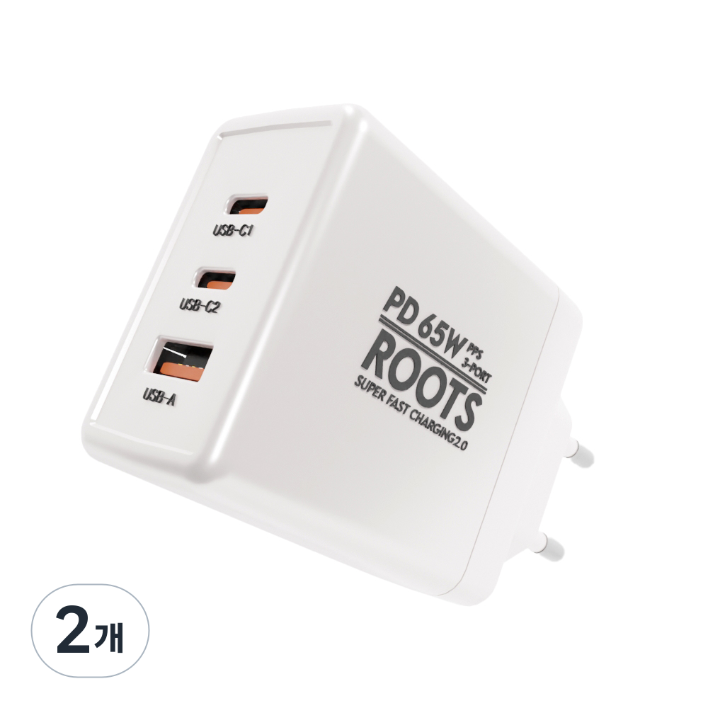 루츠 국내생산 초고속 멀티 충전기 C타입 3포트 PD 65W PPS, 화이트, 2개 67,300원