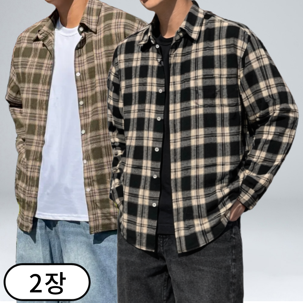 [1+1] 남자 체크 셔츠 오버핏 코튼 긴팔 남방 (6657-2) 93,440원