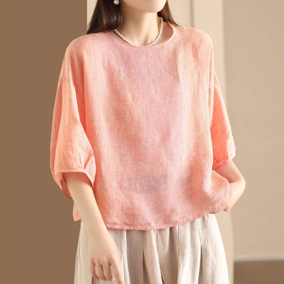 퀸앤조이 린넨의 계절 라운드넥 반팔 블라우스 시원한 여름 루즈핏 데일리 라보네 66,800원