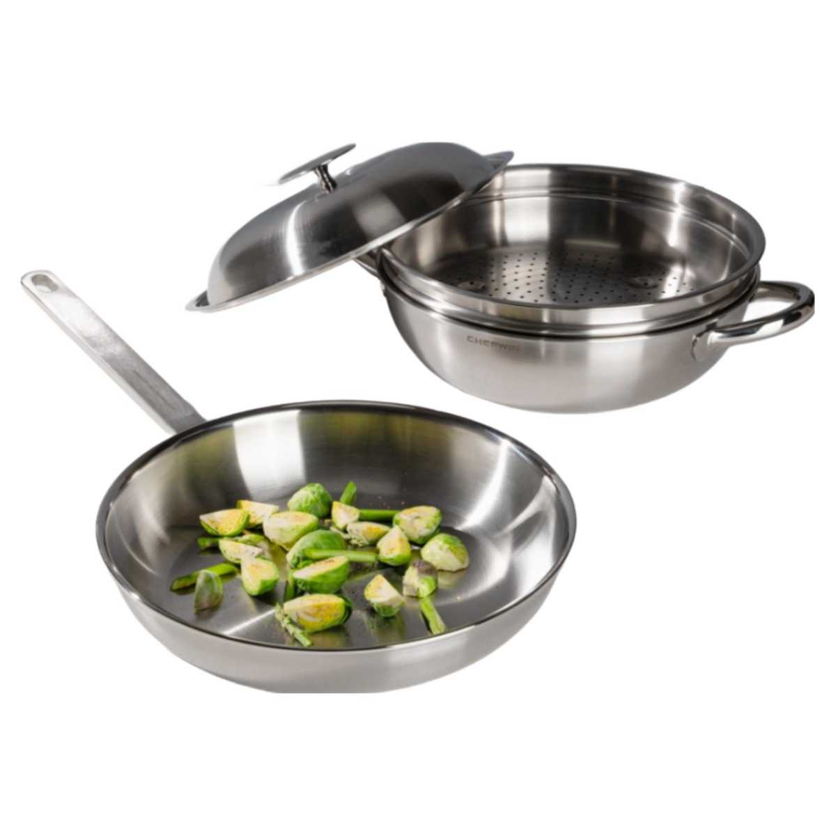 [쿠팡 단독 37% 파격 특가+17만원 상당 사은품 증정] 쉐프윈 316STS 스텐 프리미엄 통5중 28cm후라이팬+28cm파티웍 찜기 뚜껑 포함, 단품 318,000원