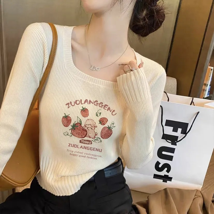 MAKABORO 여성 스퀘어넥 이너 니트 프린트 가을 겨울 예쁜 슬림 긴팔 니트 22,500원