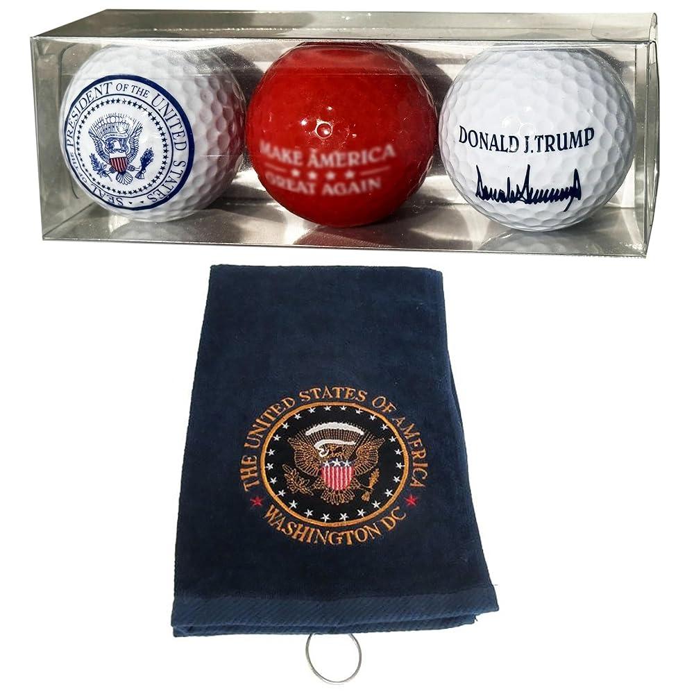 도널드 트럼프 기념 골프공 세트 및 프레지덴셜 골프 타월 - 화이트 시그니처, 레드, 프레지덴셜 씰 볼, 그레이트 씰이 있는 네이비 블루 타월 포함 - 한정판 수집용 Presi 76,100원