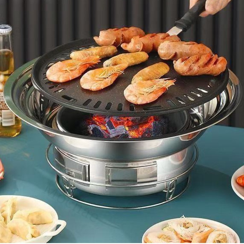 Mochae 스텐 원형 숯불 화로 가정용 숯불화로 캠핑 바베큐 화로대 숯불화로대 그릴망+구이팬 구성, 1세트 44,500원