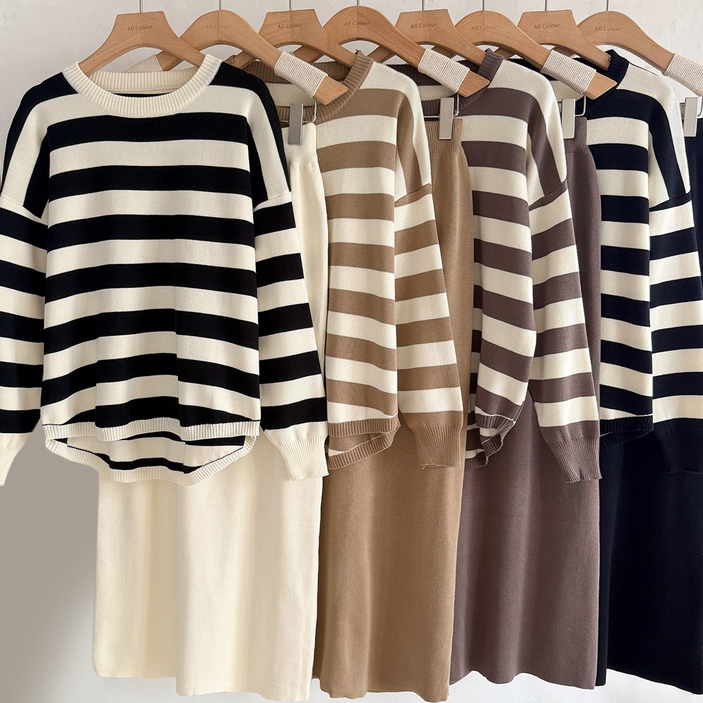 모던허니 여성 스트라이프 H라인 허리밴딩 치마 세트 셋업 단가라니트 니트치마 데일리템 간절기템 26,800원