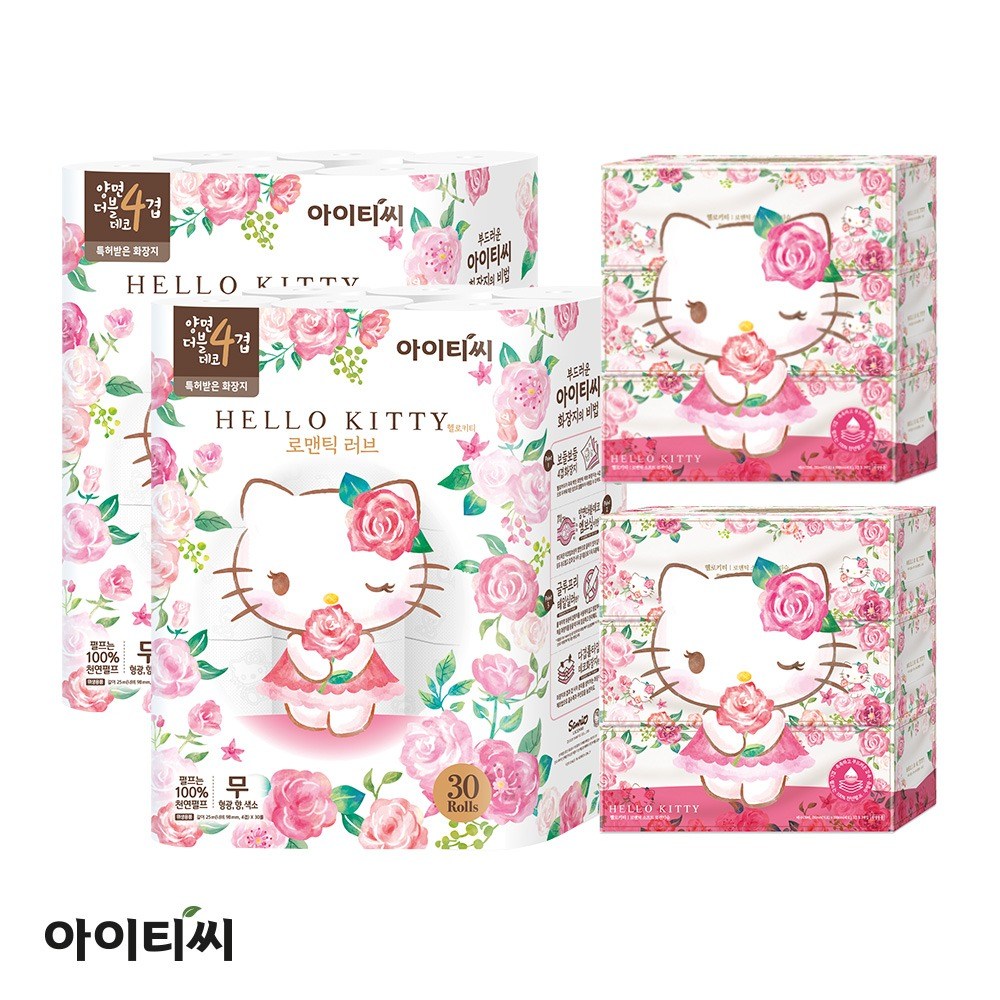 헬로키티 4겹 로맨틱러브 화장지 30롤X2팩(60롤)+로맨틱소프트 로션티슈 3입X2팩 49,900원
