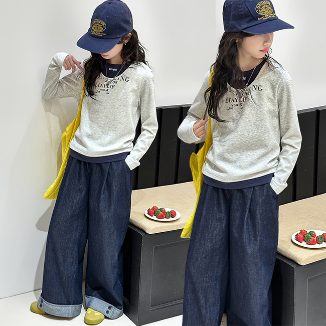 비비키드 여아 봄 가을 초중생 상하복 세트 주니어 영문 페이크 레이어드 청바지 긴팔티 상의+하의 세트 초등생 긴바지 세트(775053) 41,800원