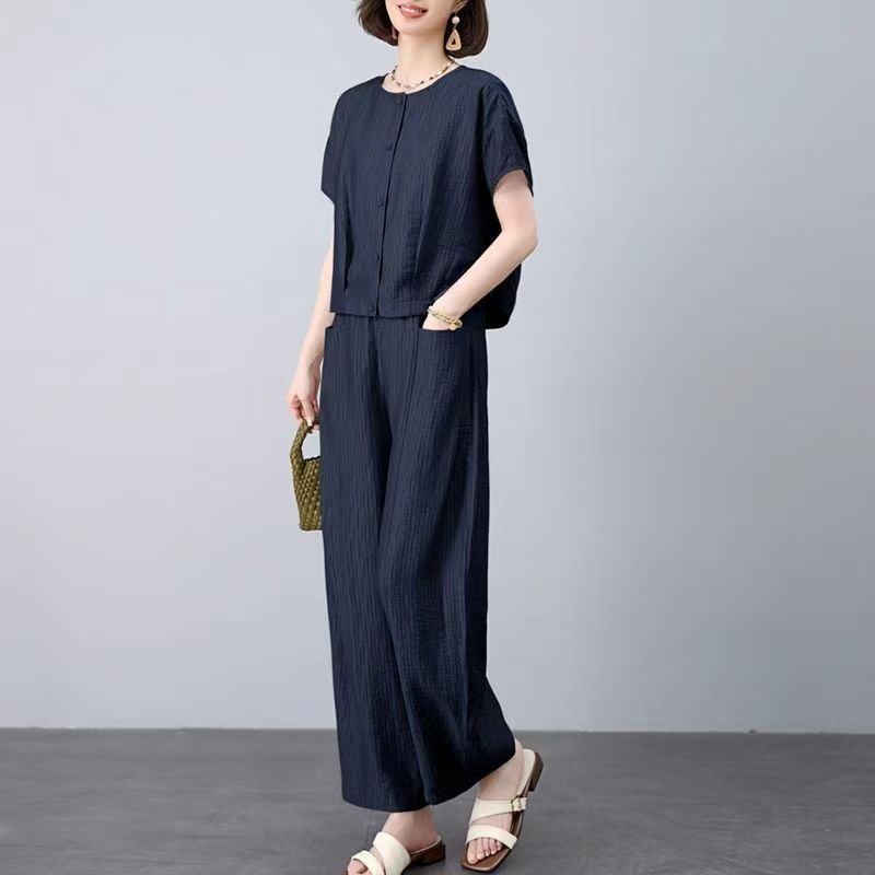 AOKADA 여성 여름 플리츠 반팔 상의 배기 일자 바지 데일리 캐주얼 투피스 세트 23,910원