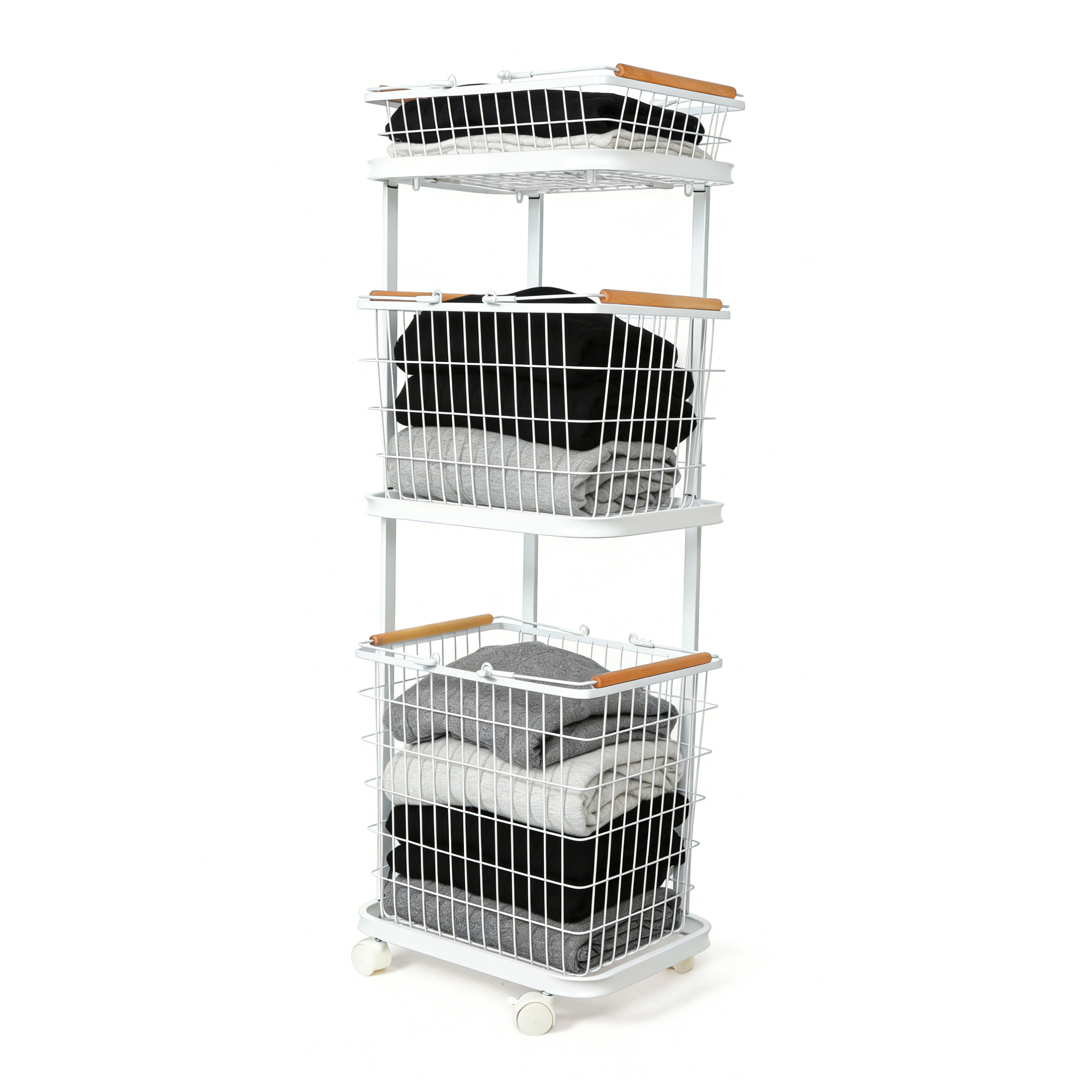 리빙가감법 철제 와이어 빨래 바구니 이동식 빨래통 세탁바구니 수거함 보관함 대용량 3단 빨래바구니 철재, 화이트, 1개 71,900원