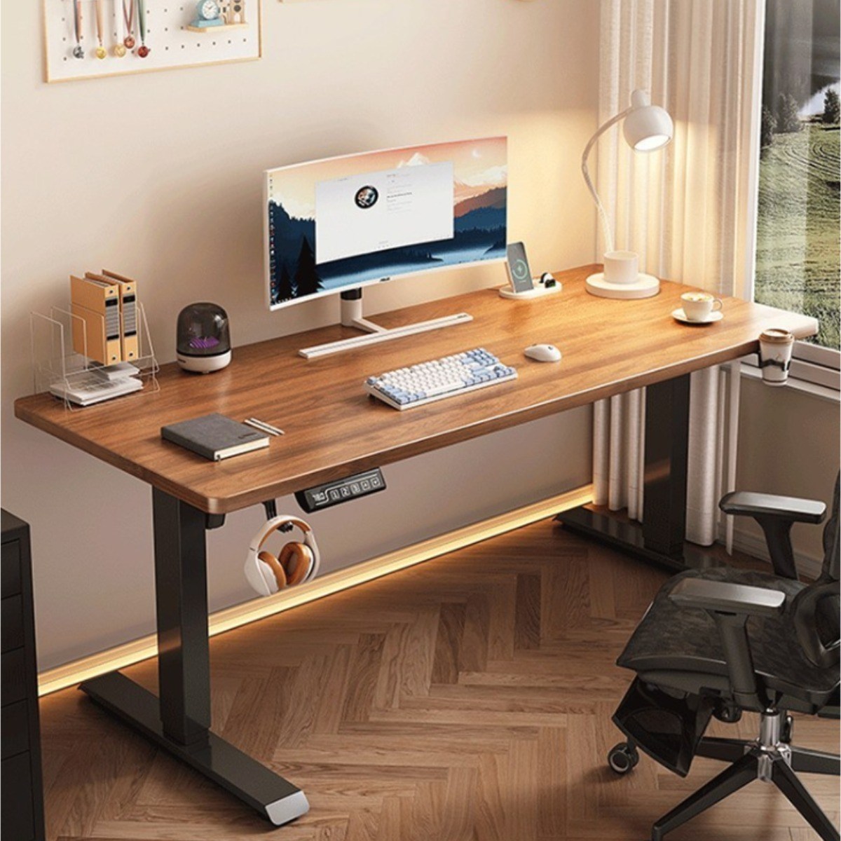 솔비움 높낮이 사무 게임용 조절 자동 전동책상 중학생 모션 데스크 사무실 스탠딩 테이블, 월넛+블랙 268,000원