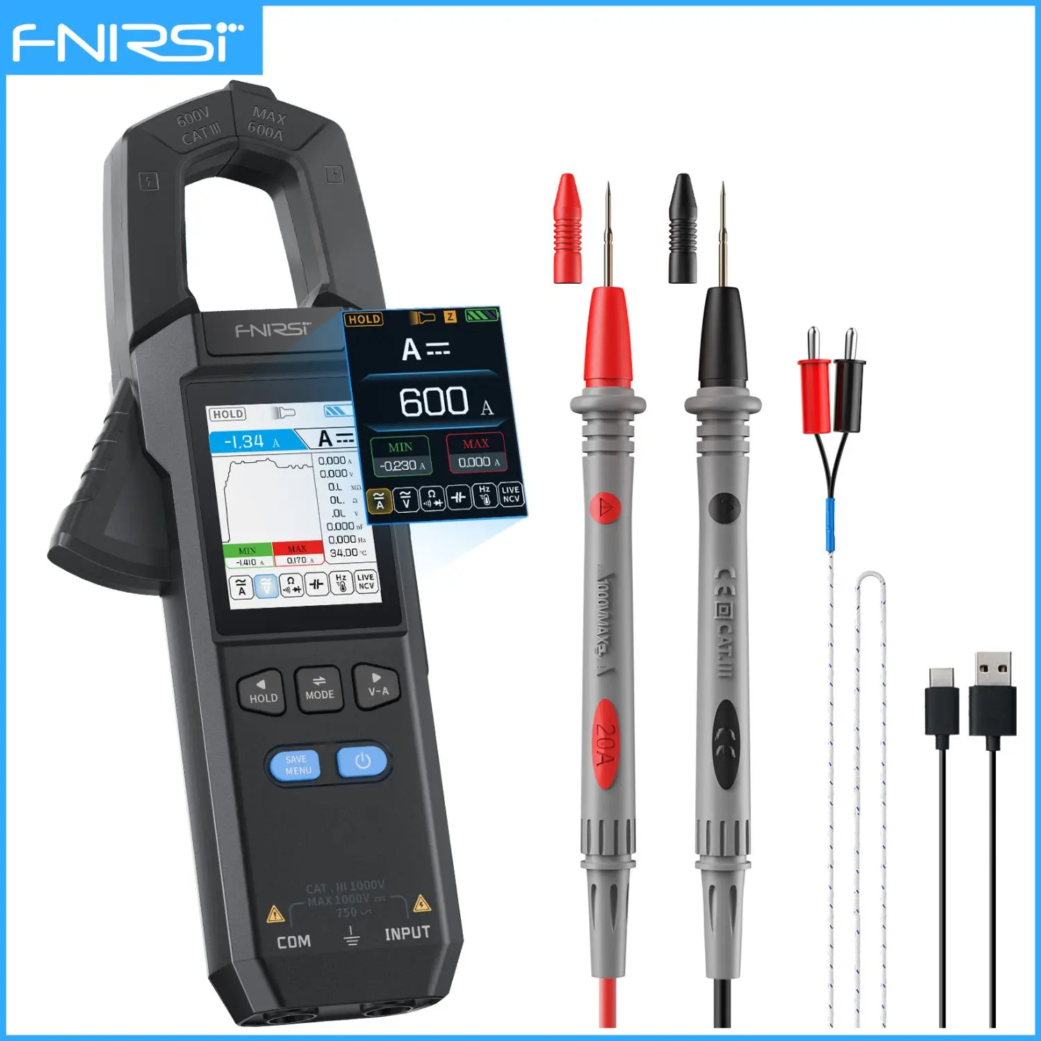 FNIRSI DMC-100 DC AC 전류 클램프 미터 10000 카운트 디지털 멀티 USB 충전기 600A 측정 도구 56,900원