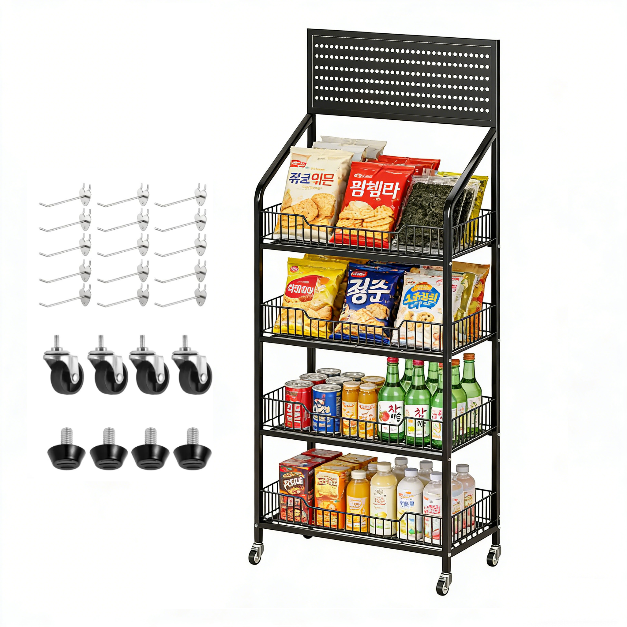 리빙가감법 철제 이동식 4단 간식 선반 스낵 디스플레이 랙 소매점 마켓 스탠드 발매트 및 후크 15개가 있는 다용도 수납선반, 1개, 블랙 41,500원