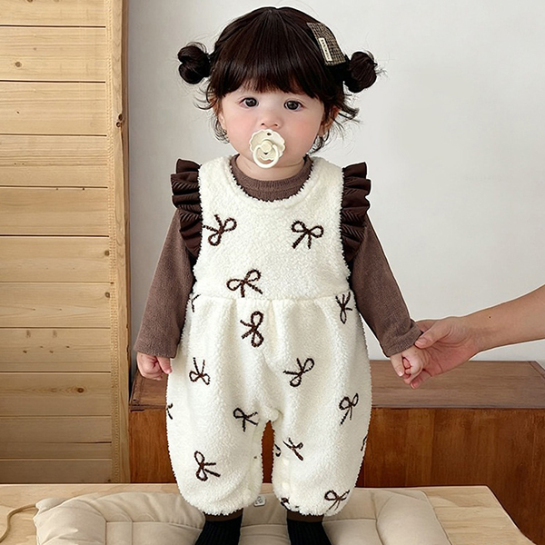 몽실이 브라우니 리본 후리스 우주복 아동 여아용 덤블 겨울 기모 방한 점프수트 외출복 2pcs 38,900원