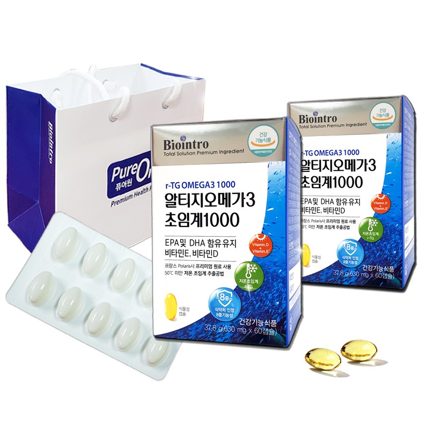 알티지오메가3 초임계 1000 선물세트+쇼핑백, 고순도 고함량 EPA+DHA 1000mg 비타민D, E 함유, 식물성캡슐, 명절 부모님 건강기능식품 효도 선물, 60정, 2개 61,600원