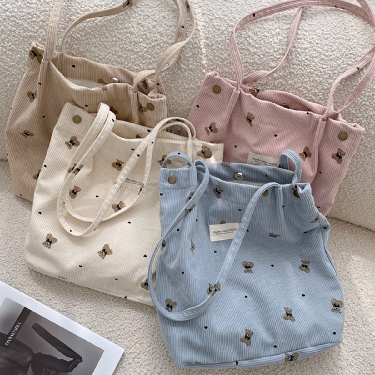 후암마켓 곰돌이 골지 코듀로이 숄더백 데일리 에코백 가방 9,900원